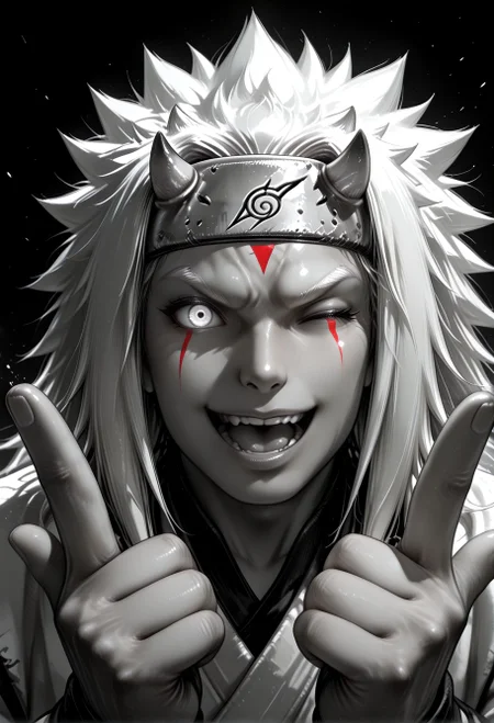SmoothNoob_Quality, (greyscale:1.5), 1boy, jiraiya \(naruto\), naruto shippuuden, old, portrait, upper body, glowing eyes, smile, open mouth, double finger gun, one eye closed, white hair, white eyebrows, horned forehead protector, small horns, spot color, black and white, dynamic angle, looking at viewer, (black background), <lora:Mature_Comics_Style_-_NoobAI:1>,