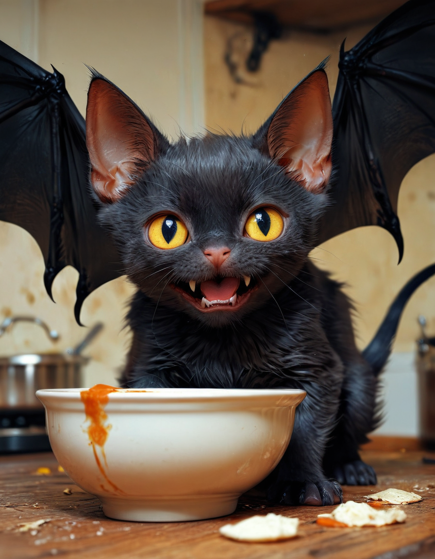 best quality, masterpiece,
dogbat, no humans, animal focus, black cat, bat wings, cute, fangs, angry, 
full_of_soup, kitten, closed mouth, animal focus, lying, dutch angle,