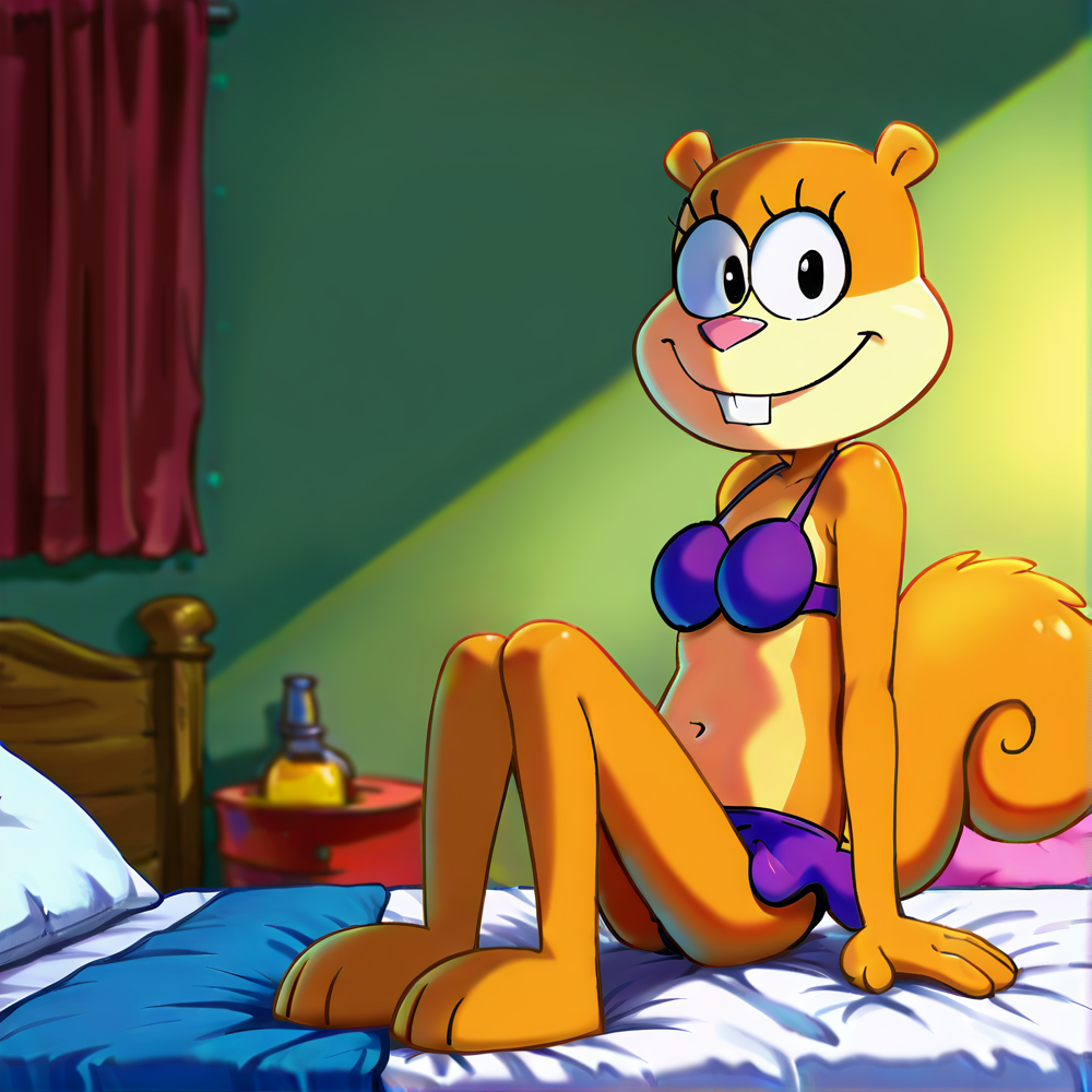 hi res, best quality, female, Score_9, score_8, score_7 BREAK, best anatomy, (solo), small body, young, petite, ultra detailed, short, (source_cartoon), (((show accurate))), (masterpiece), <lora:Sandy_Cheeks_Illustrious:1>, s@ndy_cheeks, furry, squirrel, buck teeth, black eyes, squirrel tail, purple bikini, sitting, bedroom, smile, looking at viewer