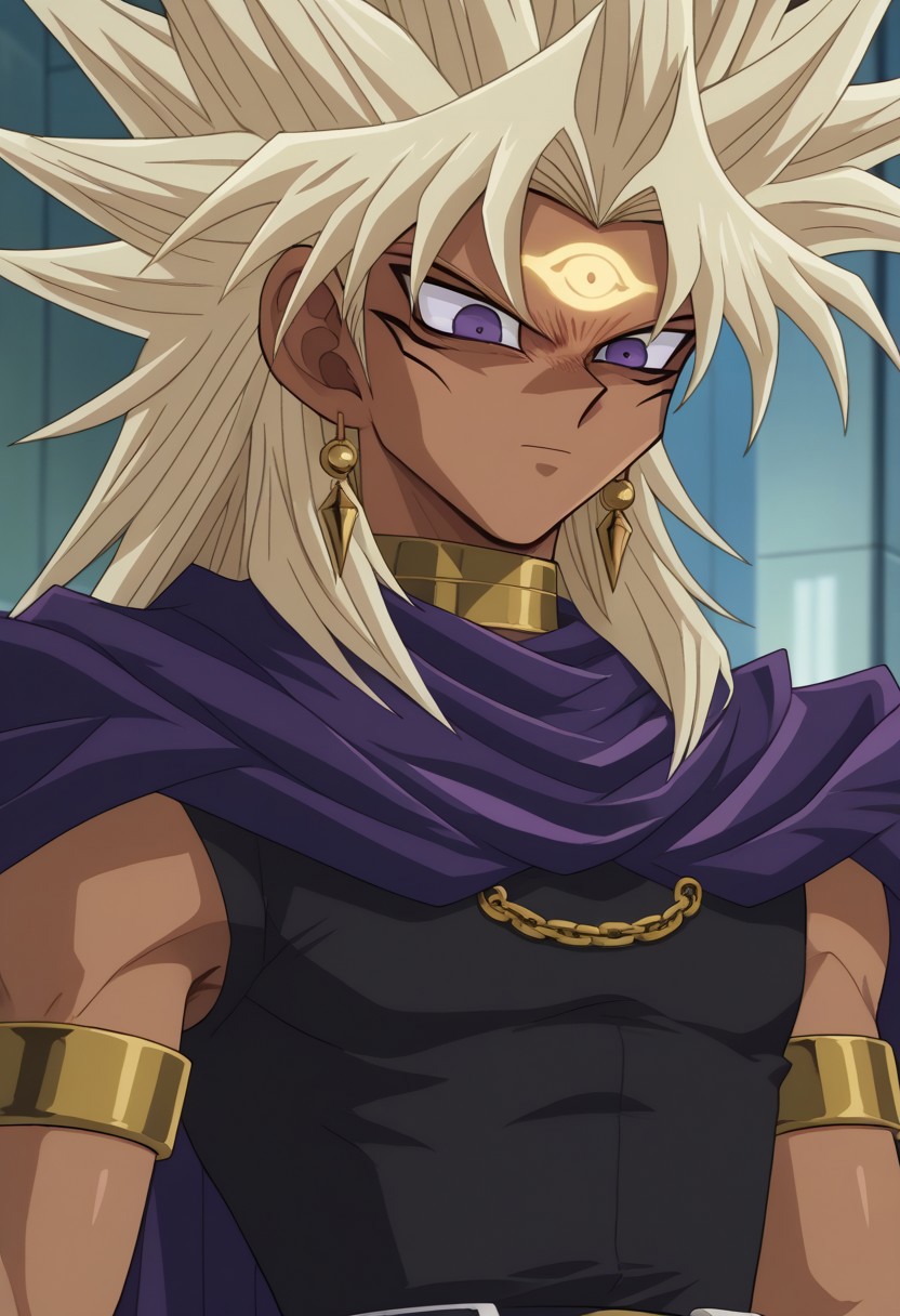 score_9, score_7_up, source_anime
marikuish, 1boy, male focus, solo, yami marik, dark skin, dark-skinned male, purple eyes, blonde hair, long hair, spiked hair, jewerly, earrings, neck ring, armlet, shirt, black shirt, sleeveless, cape, purple cape, forehead mark, eye of horus
outdoor,