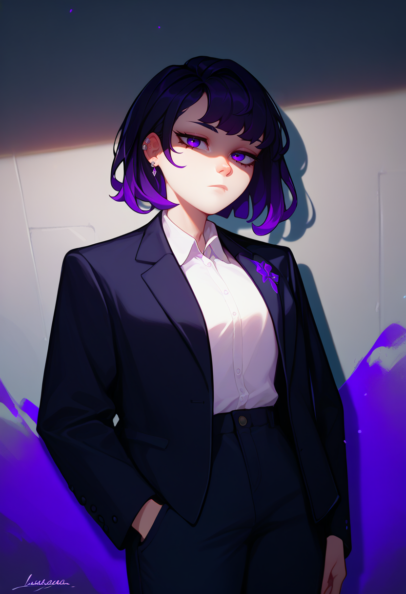 score_9, score_8_up, score_7_up, solo, 1girl, expressionless, looking at viewer, hand in pocket, medium hair, black hair, purple IncursioDipDyedHair, purple eyes, formal, black jacket, open jacket, long sleeves, white shirt, collared shirt, black pants, ear piercing <lora:style_qt0ri_ponyXL-DoRA:1.1> <lora:DipDyedHairXLPD:1>