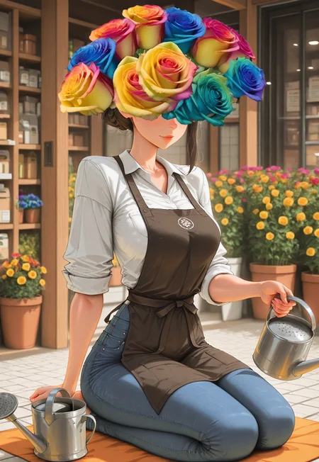 solo, cowboy shot, kneeling, seiza,
flowers over eyes, rose,
holding watering can, garden, store clerk, sleeves rolled up, jeans, apron,
best quality, amazing quality, absurdres