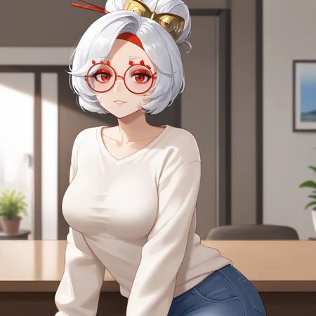 <lora:purah_pony_v1:.8>purahbikini, 1girl,, medium breasts, glasses, hair stick, white hair, hair ornament, round eyewear, red eyeshadow, collarbone,  short hair, red eyes, single hair bun, makeup, sweater, jeans