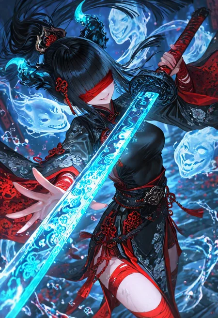 1 girl, solo, long hair, breasts, bandage over eyes, red bandage, looking at viewer, bangs, black hair, hair ornament, long sleeves, medium breasts, smiling, grinning, standing, ponytail, weapon, cowboy shot, outdoor, Chinese clothes, horns, sword, wide sleeves, blunt bangs, cheongsam, water, holding weapon, blurry, belt, night, floating hair, depth of field, glowing, holding sword, belt, belt, floral print, Chinese sword, ghost horns, black cheongsam, lora:XuEr_TuGou_GuangYing_V3:0.9, (artist:quasarcake:0.8), extreme aestheticism, (wlop:0.6), Honjo Raita, lack, rella, wanke, raita, masterpiece, best quality, good quality, latest, 2024, 2023, very aesthetic, absurd, visual impact, dynamic composition, ultra-high resolution, 32K UHD, sharp focus, masterpiece, emotional, unconventional supreme masterpiece, exquisite details, gentle atmosphere, high-end texture, in style of fashion photography, (visual impact:1.2), poster dynamic visual impact, impactful imagery, official art, colorful, cinematic perspective, masterpiece, best quality, amazing quality, extremely aesthetic, absurd, best quality, latest, dynamic angle, cinematic angle, Dutch angle, foreshortening，XUER guangying
