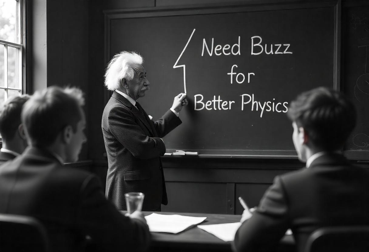 Realistic photograph, Professor Albert Einstein teaching students Physics in a classroom in 1930s. 1930's era, 1930's clothing ambiance and photography style, Professor Einstein makes an emoji of thunderbolt with chalk on the board, and he writes "Need Buzz for Better Physics" on the board, the students are engrossed in the lecture 