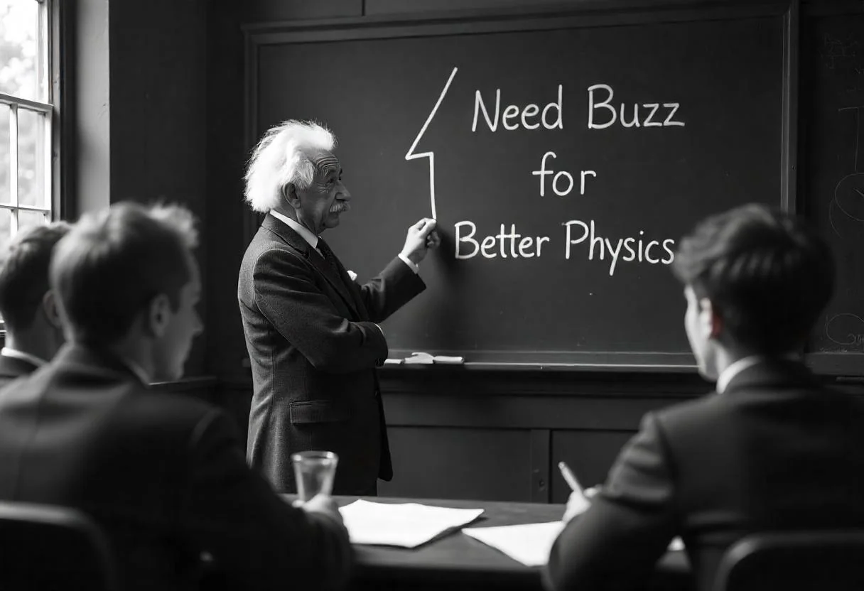 Realistic photograph, Professor Albert Einstein teaching students Physics in a classroom in 1930s. 1930's era, 1930's clothing ambiance and photography style, Professor Einstein makes an emoji of thunderbolt with chalk on the board, and he writes "Need Buzz for Better Physics" on the board, the students are engrossed in the lecture
