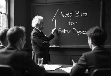 Realistic photograph, Professor Albert Einstein teaching students Physics in a classroom in 1930s. 1930's era, 1930's clothing ambiance and photography style, Professor Einstein makes an emoji of thunderbolt with chalk on the board, and he writes "Need Buzz for Better Physics" on the board, the students are engrossed in the lecture