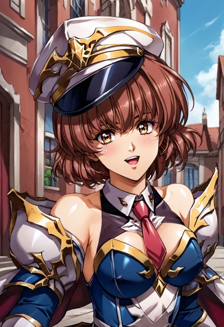 (score_9,score_8_up,score_7_up,source_anime,(masterpiece:1.2),best quality,very aesthetic,public indecency,absurdres),masterpiece,best quality,very aesthetic,absurdres,fantasy,1girl,solo, <lora:betty_p_v1:1>,b_y,ahoge,brown hair,brown eyes,short hair,,<lora:Fixhands_anime_bdsqlsz_V1:1>, blue jacket, black pants, red necktie, short necktie, peaked cap, emblem, military uniform, black gloves, half gloves, yellow shirt, double-breasted , open mouth, blush,light smile looking at viewer,(upper body, close-up,:1.3), outdoors,, masterpiece,best quality, very aesthetic, absurdres, ultra detailed, high resolution, 4k, extremely detailed CG,