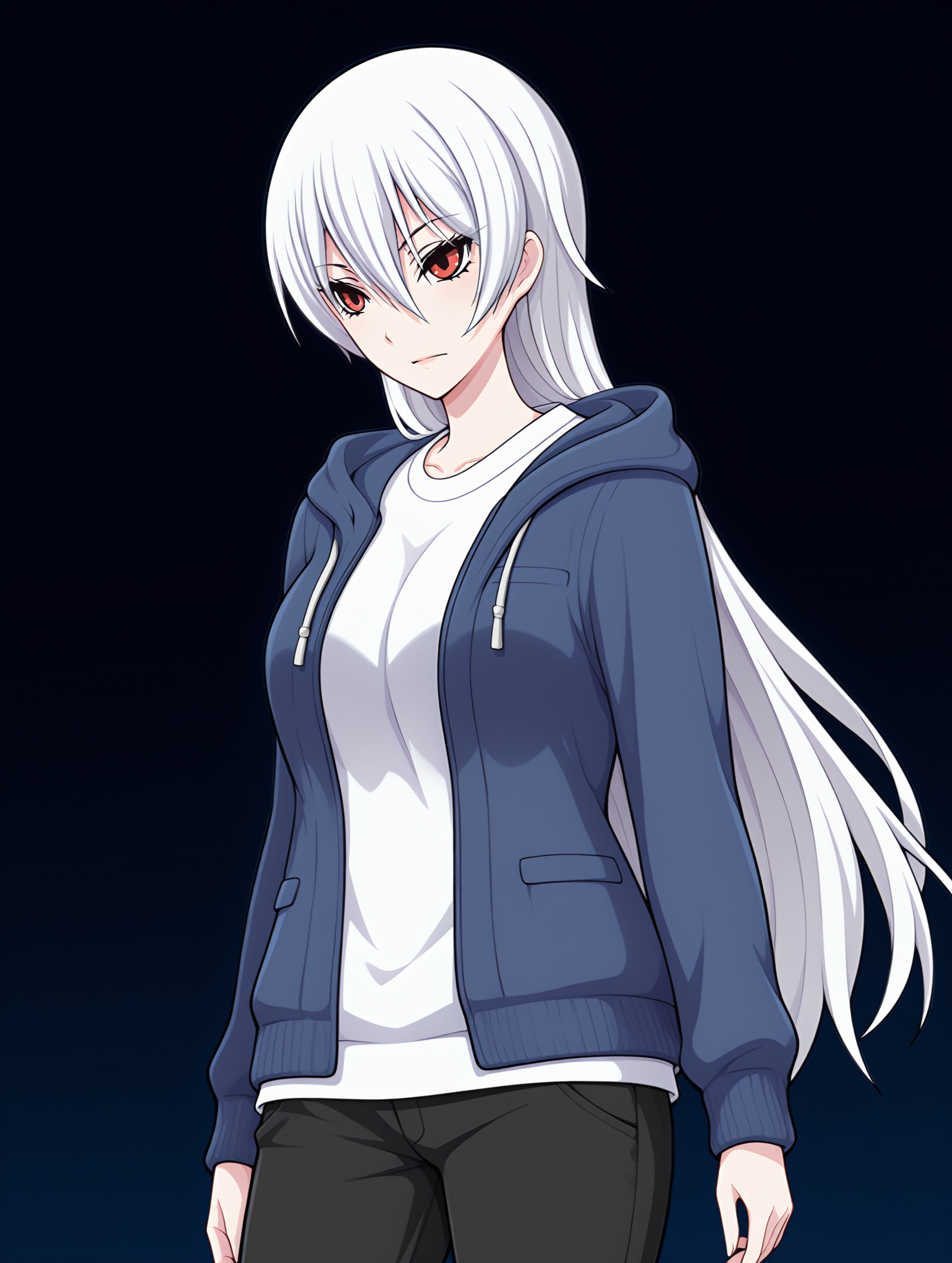 <lora:Haruka_Kuramori_Public_Defense_Force_-_Illustrious:0.9> haruka kuramori, white hair, red eyes,
blue sweater, hoodie, white shirt, black pants,
1girl,solo,
adult,20 years old,