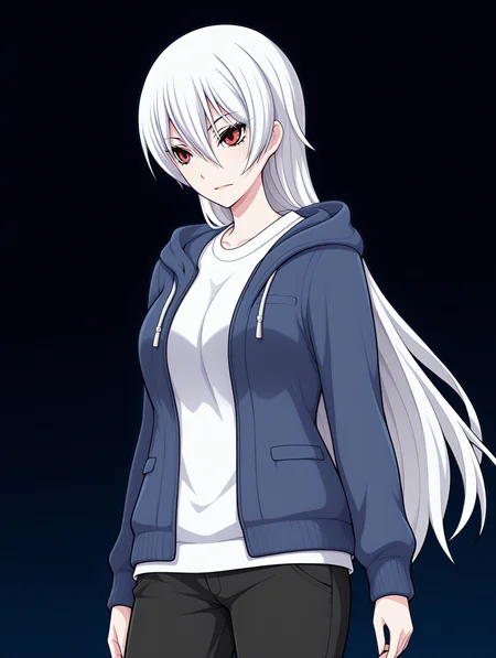 <lora:Haruka_Kuramori_Public_Defense_Force_-_Illustrious:0.9> haruka kuramori, white hair, red eyes,
blue sweater, hoodie, white shirt, black pants,
1girl,solo,
adult,20 years old,
