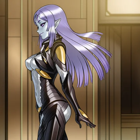 masterpiece, best quality,very aesthetic,absurdres
1girl
<lora:ETFILLUS2:1> etfillus, colored skin,white skin, pointy ears, purple eyes, long purple hair, black armor, see-through bodysuit,white bodysuit,navel,thigh cutout || ass cutout
sci-fi,indoors,cowboy shot, , upper body, motherly,smile, from side,ass,looking at you,from side,metal walls,holograms ,kita senri