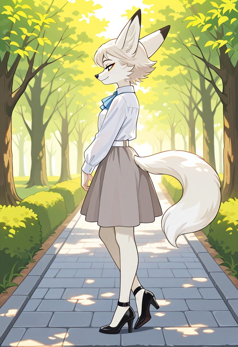 masterpiece, best quality, amazing quality, very aesthetic, high resolution, ultra-detailed, detailed background, absurdres, newest, high quality,Amelie, anthro fox, furry female, white fur, black nose, black eyes, white waist belt, black bezel, orange makeup. Flirty, sexy, seductive expression. Wearing a white button-down shirt and light gray skirt, (detailed skin texture:1.2), (hair:1.2)  standing in a park, eyes looking off to the side, (profile view), positioned slightly to the left of center, on a grassy area with a light gray paved pathway.  Park scenery, greenery, trees, and light beige stone/brick archways in the background, soft lighting, outdoor shot. (shoes:1.2).  High heels with ankle straps.  Photorealistic style, natural lighting,  medium shot, bright green grass, some warm/muted pastel color tones;  mid-day sunlight;  pleasant atmosphere,  (detailed skirt ruffle:1.1).