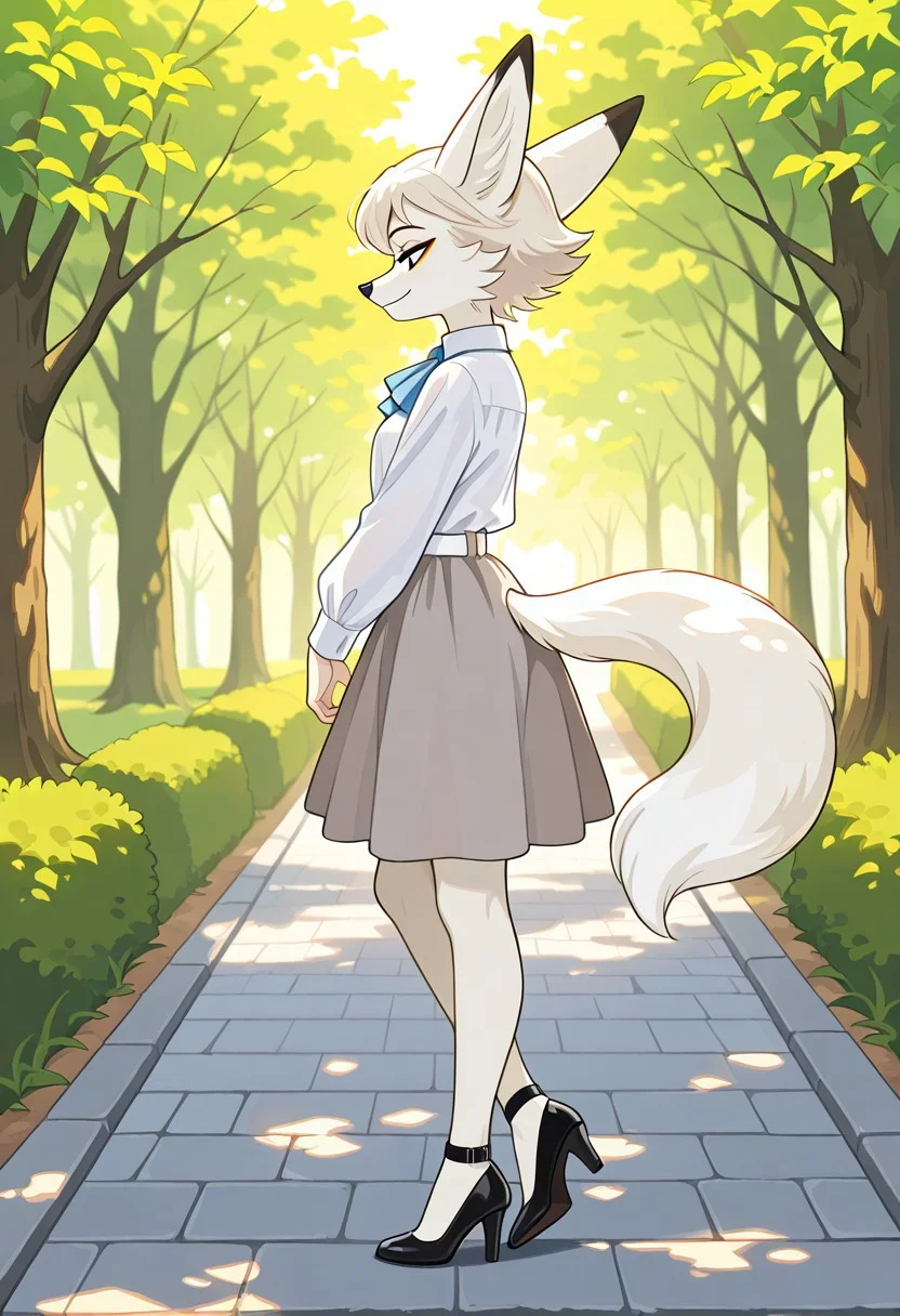 masterpiece, best quality, amazing quality, very aesthetic, high resolution, ultra-detailed, detailed background, absurdres, newest, high quality,Amelie, anthro fox, furry female, white fur, black nose, black eyes, white waist belt, black bezel, orange makeup. Flirty, sexy, seductive expression. Wearing a white button-down shirt and light gray skirt, (detailed skin texture:1.2), (hair:1.2) standing in a park, eyes looking off to the side, (profile view), positioned slightly to the left of center, on a grassy area with a light gray paved pathway. Park scenery, greenery, trees, and light beige stone/brick archways in the background, soft lighting, outdoor shot. (shoes:1.2). High heels with ankle straps. Photorealistic style, natural lighting, medium shot, bright green grass, some warm/muted pastel color tones; mid-day sunlight; pleasant atmosphere, (detailed skirt ruffle:1.1).