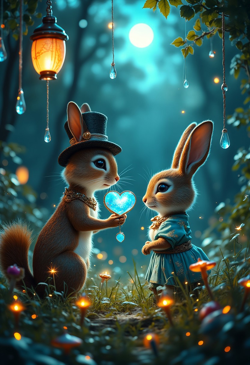Whimsical scene in a twilight forest clearing where a gentleman squirrel with a top hat made of interlocking twigs presents a bioluminescent acorn heart to a shy rabbit adorned in a gown of woven dandelion silk. Delicate gears spun from dandelion fluff rotate slowly around them, suspended by spiderweb filaments. The locket’s core glows with ethereal cyan light, casting reflections on the rabbit’s rose-gold ear cuffs and the squirrel’s polished oak-leaf epaulets. Moonlight spills through crystalline sap droplets hanging above, blending with the soft radiance of mushroom lanterns and firefly-powered bulbs. Ethereal mist, hyper-realistic fur details, and a dreamlike color palette of teal, gold, and blush pink