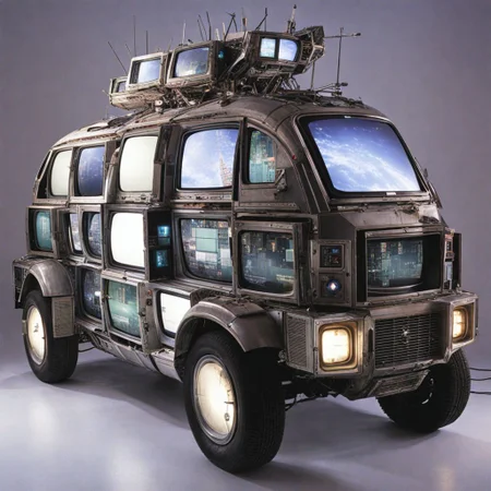 A photo a cybernetic car made out of old CRT screens <lora:Made_out_of_old_CRT_screens_-_SDXL_LoRA:0.8>