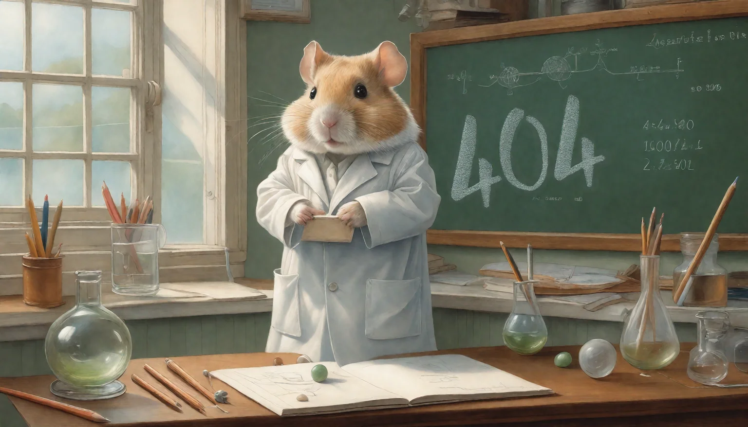 <lora:add-detail-xl:1.8> colored pencil drawing, famous artwork by (jean-baptiste monge:1.1), a hamster dressed as a scientist in a white lab coat is standing on his desk and in front of a (green chalkboard:1.1) with thick white chalk text: "404" and formulae, detailed soft looking fur, detailed laboratory background with a window, nice weather