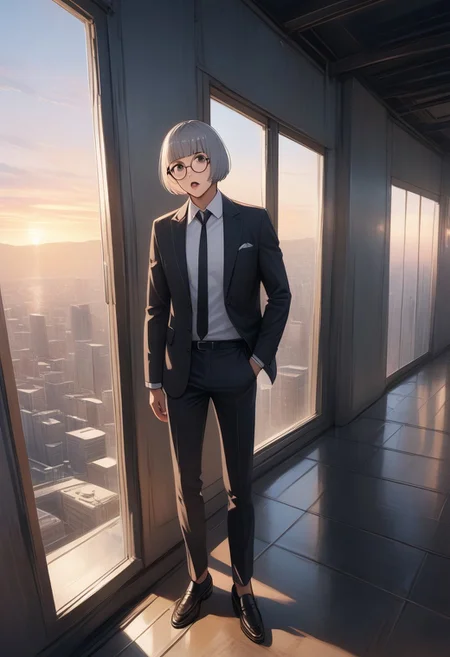 man with bristle, (graphic novel style, dark novel style:1.5),(anime), (masterpiece:1.4), (soft cinematic light:1.1), incredibly lifelike, Extremely high-resolution details, 8k, best quality,extremely detailed, contrast,
high tech design, fullbody, 
 gallery of contemporary art, inside, portrait old woman against the backdrop of a giant floor-to-ceiling window, through which one can see a city landscape with skyscrapers and a sunset , open mouth, 
man in a classic black suit 
white shirt and black tie keeps his hand on his jacket, black loafers, (((gray ((short)) bob hair))), [Nordic], round glasses, round black eyes, thin lips, sharp chin, diamond long face, gray sideburns, small ears, thick gray eyebrows, sunken cheeks, (bristle)),
