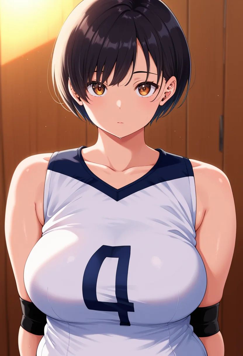 masterpiece, best quality, amazing quality, 1girl, solo, portrait, satomiww, brown eyes, black hair, short hair, bangs, large breasts, soft body, chubby, sportswear, volleyball uniform, white sleeveless shirt, collarbone, bare shoulders, looking at viewer, skindentation, detailed clothing folds, depth of field, sharp, high contrast, dynamic light <lora:Satomi_Tsukimiya_Tsuki_ga_Noboru_ill:1>