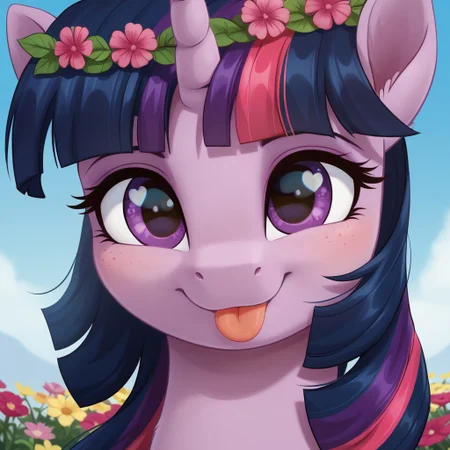 score_9, score_8_up, score_7_up, score_6_up, score_9, score_8_up, score_7_up, score_6_up, my little pony: the movie, movie accurate, twilight sparkle, pony, alicorn, g4, bust, close-up, cute, eyelashes, female, freckles, heart, high res, looking at you, mare, portrait, smiling, solo, a wreath of flowers, tongue out, silly