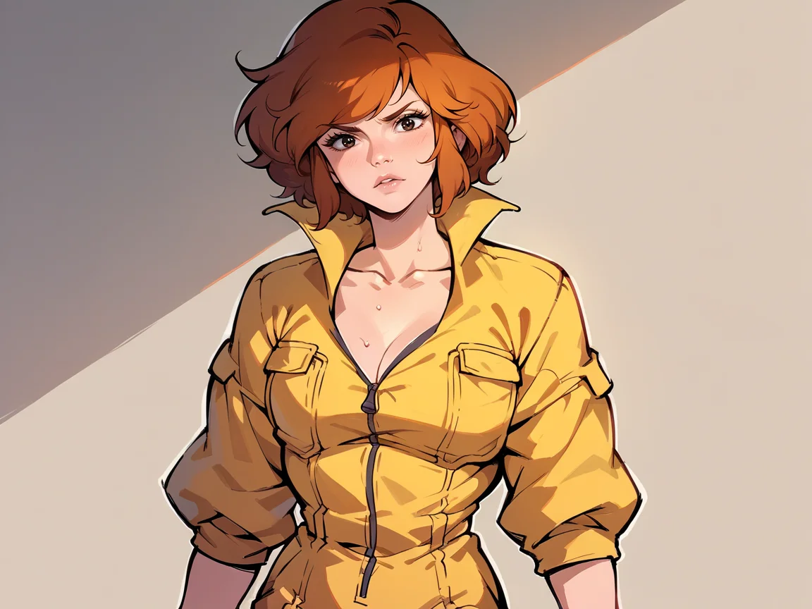 score_9, score_8_up, score_7_up, score_6_up, score_5_up, <lora:AprilONeilXLP:1> april o'neil, 1girl, solo, orange hair, short hair, jumpsuit