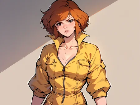 score_9, score_8_up, score_7_up, score_6_up, score_5_up, <lora:AprilONeilXLP:1> april o'neil, 1girl, solo, orange hair, short hair, jumpsuit