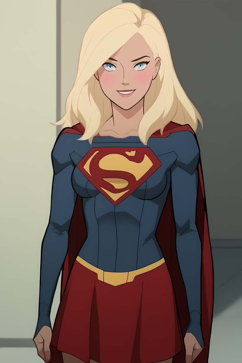 score_9, score_8_up, score_7_up, score_6_up, score_5_up, score_4_up, flat color, source_anime, 2d, BREAK. 
blush, smile, looking at viewer, BREAK. 
superhero, bodysuit, long sleeves, red skirt, mini skirt, red cape, thighhighs, red footwear, thigh boots, BREAK.
<lora:Supergirl(LOS)_v1:1.2>, 1girl, solo, blue eyes, long hair, blonde hair,