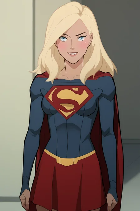 score_9, score_8_up, score_7_up, score_6_up, score_5_up, score_4_up, flat color, source_anime, 2d, BREAK.
blush, smile, looking at viewer, BREAK.
superhero, bodysuit, long sleeves, red skirt, mini skirt, red cape, thighhighs, red footwear, thigh boots, BREAK.
<lora:Supergirl(LOS)_v1:1.2>, 1girl, solo, blue eyes, long hair, blonde hair,