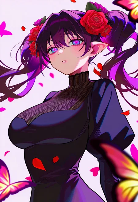 masterpiece, best quality, very aesthetic, high resolution, ultra-detailed, absurdres, newest, extremely detailed eyes, beautiful, perfect lighting, hi res, amazing quality, very awa, jui_sio, arms behind back, purple eyes, pointy ears, twintails, flower, hair flower, butterfly, petals, dress, breasts, large breasts, head shot, detailed background,