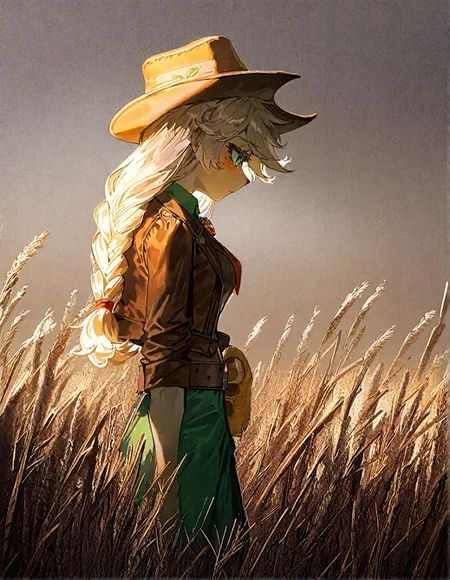 applejack , 1girl, blonde_hair , cloud ,colored_skin, furry, furry_female, long_hair,orange_skin ,outdoors, personification , solo, , wheat_field,Straw ,dot_nose, freckles, green_eyes , medium breast,
green_pants, jacket,long_hair, official_alternate_costume, open_jacket, pants, single_braid, yellow_shirt,adapted_costume , braid ,brooch ,brown_belt, brown_hat, brown_jacket, buttons, cowboy_hat ,detached_collar, knee_boots,  windy, hand_on_own_hat ,holding own hat, from side,
rella, rolua,  quasarcake:0.8, negative space,  very awa,
masterpiece, best quality, Good quality, very aesthetic, absurdres, newest, (Perfect details),
<lora:ponyv5_noobV065S_1_adamW:0.8>, <lora:illustrious_noobai_epsilon_pred_1_best_quality_v1:0.7> ,<lora:illustrious_noobai_epsilon_pred_11_very_aesthetic_v1:0.7> ,<lora:illustrious_noobai_epsilon_pred_1_masterpieces_v1:0.7> , <lora:Straw_thread:1>