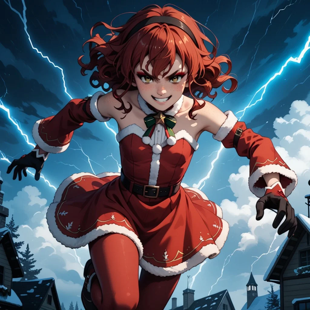 score_9,score_8_up,score_7_up, highly detailed magical cinematic scene, long shot, full figure, dark, powerful, dynamic pose engaging in a dramatic action scene, jumping, dramatic lighting, epic, outdoor, christmas setting, stormy dark sky with lightning, girl in the middle of the fight, black and red tights, detached sleeves,bare shoulders, black and red dress, gloves,long dark red wavy hair, black hairband, hair fringe between eyes, brown eyes, eyeshadow, pale skin, smiling, dimples, body freckles, Expressive, angry smile, small breasts, perfecteyes