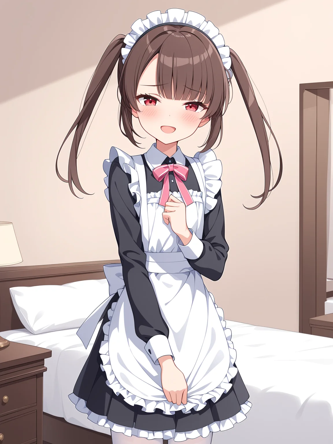 masterpiece, colorful, vector illustration, break
solo, solo_focus, 1girl, young, thin, indoor, bed, from_front, standing, upper body,
break
skirt in hands,
maid, maid headdress, maid apron and white apron, white pantyhose, black shirt and long sleeves,
break
red_eyes, twintails, brown_hair, bangs, eyebrows_visible_through_hair, flat_chest,
looking at viewer, shy, blush, (open mouth:0.8), smile, half-closed eyes,
<lora:character_agv3_TSUMUGI:0.8>