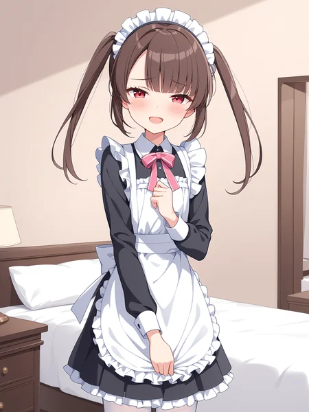 masterpiece, colorful, vector illustration, break
solo, solo_focus, 1girl, young, thin, indoor, bed, from_front, standing, upper body,
break
skirt in hands,
maid, maid headdress, maid apron and white apron, white pantyhose, black shirt and long sleeves,
break
red_eyes, twintails, brown_hair, bangs, eyebrows_visible_through_hair, flat_chest,
looking at viewer, shy, blush, (open mouth:0.8), smile, half-closed eyes,
<lora:character_agv3_TSUMUGI:0.8>
