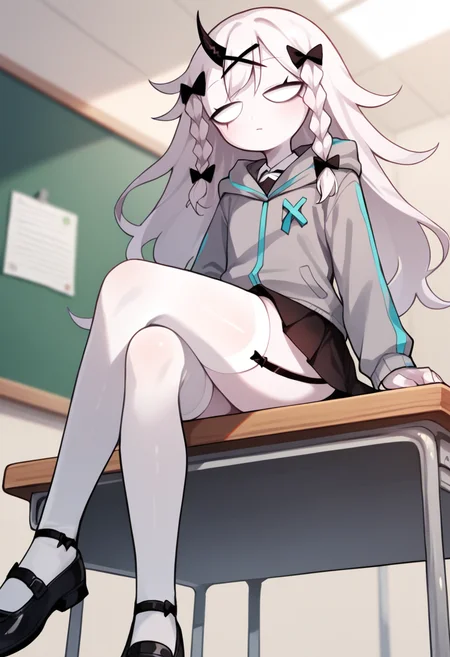 masterpiece, best quality, uncensored, source_anime BREAK score_9, score_8_up, score_7_up, score_6_up, score_5_up, score_4_up, 1girl, solo, rasazyfnf, single horn, white eyes, no pupils, long hair, white hair, white skin, twin braids, x hair ornament, hair bow, Expressiveh, grey jacket, hood, long sleeves, cyan lines, black skirt, white thighhighs, bow, black garter straps, black footwear, shoes, sitting, crossed legs, from below, detailed background, indoors, sitting on school desk, classroom <lora:Expressive_H:0.6> <lora:add-detail-xl:0.5> <lora:Rasazy_MFM_Fnf:0.8>