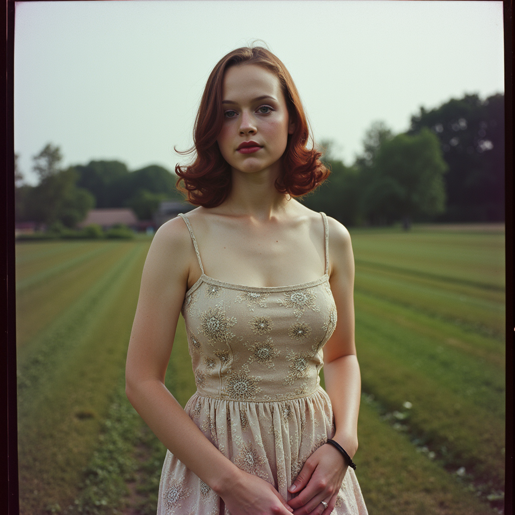 Faded Polaroid Photo, analog film photo gothic style captured with a Leica M6, flash photography enhanced with retro grain, a beautiful young woman wearing a beautiful summer dress in a farm, an old portrait ,posing dynamic, slight smile,  analog photo   <lora:Thora Birch V2:0.9> th0r4b . dark, mysterious, haunting, dramatic, ornate, detailed . faded film, desaturated, 35mm photo, grainy, vignette, vintage, Kodachrome, Lomography, stained, highly detailed, found footage, analog, old faded photo, old polaroid, RAW candid cinema, 16mm, color graded portra 400 film, remarkable color, ultra realistic, textured skin, remarkable detailed pupils, realistic dull skin noise, visible skin detail, skin fuzz, dry skin, shot with cinematic camera