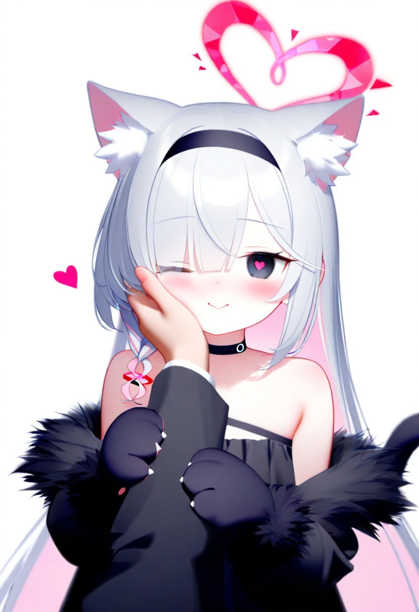 zuppu11 type 1, blueberries_typealens, 1girl, animal hands, plana \(blue archive\), black dress, sleeveless dress, heart, halo, pov hands, black eyes, paw gloves, pov, gloves, black hairband, long hair, cheek squash, hand on another's face, red halo, (heart-shaped halo:1.1), cat paws, hand on another's cheek, black choker, fur trim, hairband, symbol-shaped pupils, one eye closed, colored inner hair, braid, hair over one eye, multicolored hair, choker, looking at viewer, single braid, solo focus, pink hair, white background, white hair, simple background, heart-shaped pupils, blush, red pupils, 1boy, upper body, closed mouth, bare shoulders, pink pupils, pink halo, tail, cheek press, cat tail, off shoulder, black gloves, 1other, two-tone hair, alternate costume, smile, animal ear fluff, sensei \(blue archive\), black coat, grey hair, long sleeves, masterpiece, best quality, good quality