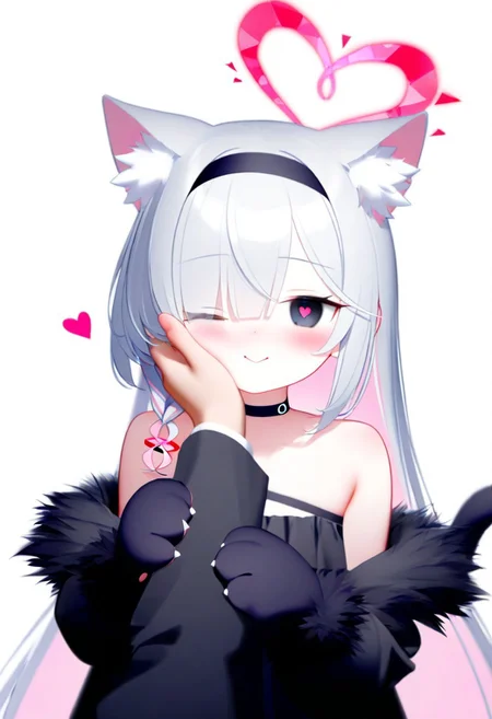 zuppu11 type 1, blueberries_typealens, 1girl, animal hands, plana \(blue archive\), black dress, sleeveless dress, heart, halo, pov hands, black eyes, paw gloves, pov, gloves, black hairband, long hair, cheek squash, hand on another's face, red halo, (heart-shaped halo:1.1), cat paws, hand on another's cheek, black choker, fur trim, hairband, symbol-shaped pupils, one eye closed, colored inner hair, braid, hair over one eye, multicolored hair, choker, looking at viewer, single braid, solo focus, pink hair, white background, white hair, simple background, heart-shaped pupils, blush, red pupils, 1boy, upper body, closed mouth, bare shoulders, pink pupils, pink halo, tail, cheek press, cat tail, off shoulder, black gloves, 1other, two-tone hair, alternate costume, smile, animal ear fluff, sensei \(blue archive\), black coat, grey hair, long sleeves, masterpiece, best quality, good quality
