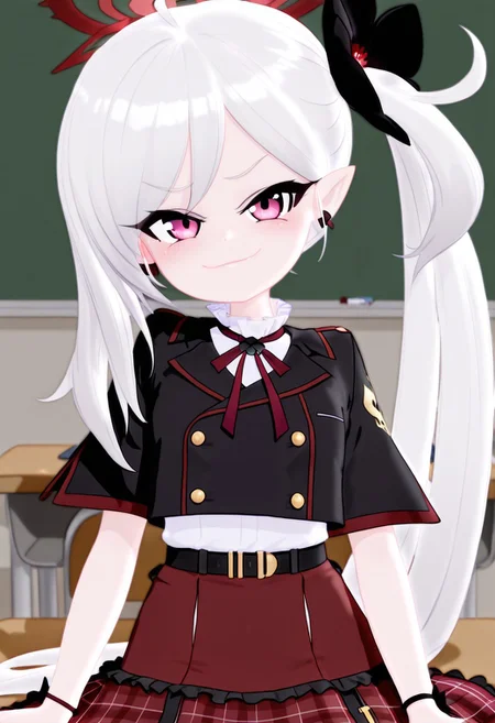 masterpiece, good quality, best quality, anime, anime snapshot, 1girl, Mutsuki_(Blue_Archive), pink_eyes, grey_hair, long_hair, side_ponytail, swept_bangs, flat_chest, pointy_ears, red_halo, black_belt, frilled_skirt, frilled_shirt_collar, red_skirt, neck_ribbon, red_ribbon, cropped_jacket, black_jacket, plaid_skirt, white_shirt, looking at viewer, front facing, detailed background, classroom background, detailed eyes, smile, smug smile, sitting on desk