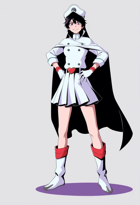 best quality, amazing quality, very aesthetic, absurdres,
BREAK
1girl, bambietta, black hair, long hair, purple eyes,
cape, trench coat, peaked cap, white gloves, knee boots, uniform, double-breasted, white skirt, pleated skirt, long sleeves,
standing, full body, hands on hips,
smile, solo, looking at viewer, simple background, white background, <lora:BambiettaBasterbineNoobXL_byKonan:1>
