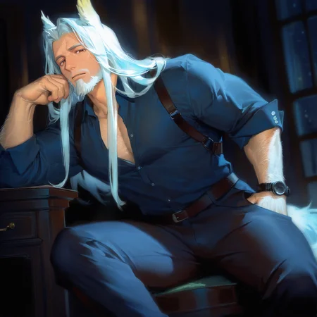 <lora:HLGIIL:.7>,1boy,male focus,black pants,mature male,long hair,beard,white hair,animal ears,white hair,old,old man,
aixiwuganda_(20222192), (artist:niichi \(niichi21\):0.5), (artist:jezz mons art:0.8), (artist:my eight:0.8), facial hair, stubble,
solo, muscular male, bara, mature, asian, (hairy, hairy body), short hair, male focus, facial hair,
very awa, masterpiece, best quality, absurdres, newest, perfect quality, detailed background, intricate details,
<lora:slider_Body Type_alpha1.0_rank4_noxattn_last:1><lora:style_Anime Summer Days 2 Style SDXL_LoRA_Pony Diffusion V6 XL:.6><lora:style_Low-Key Lighting Style - pony:.5>, DARK, DARK BACKGROUND, LOW-KEY LIGHTING <lora:slider_cfg_scale_boost:.7>
