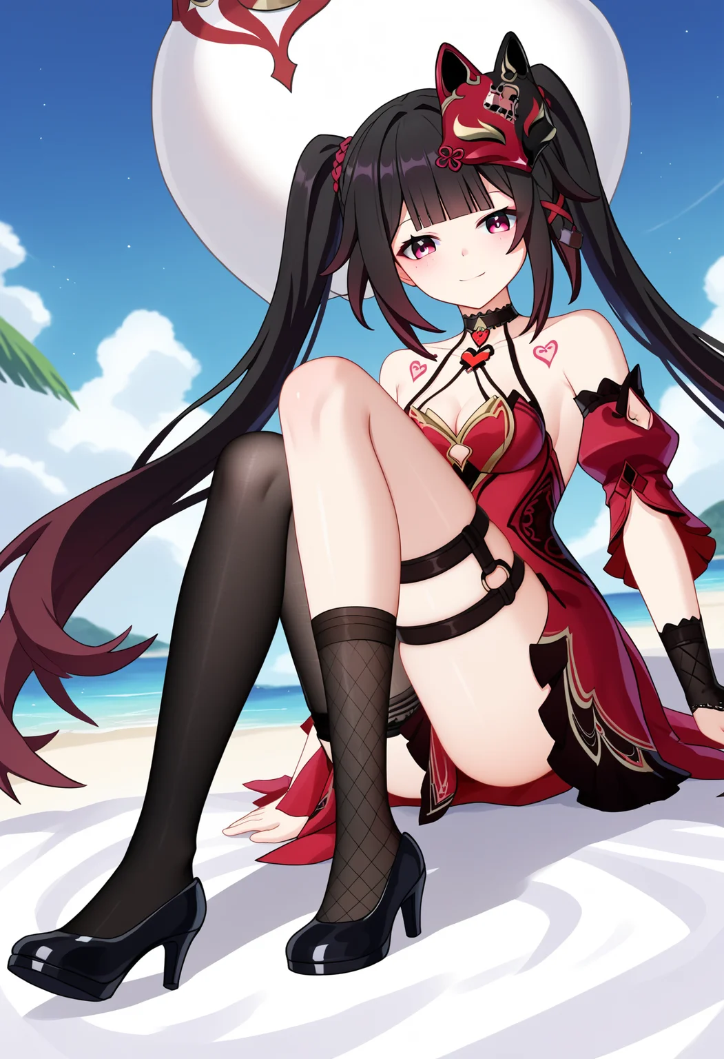 score_9, score_8_up, score_7_up, source_anime,
BREAK
1girl, solo,
<lora:shiSparkleV2:1.0>,
shisparklehonkai,
long hair, black hair, red eyes, multicolored hair, twintails, hair ornament, black fox mask, mask on head, black choker,
alternate costume, red and black dress, red dress, cleavage, bare shoulders, detached sleeves, tattoo,
single glove,
black thighhighs, single thighhigh, asymmetrical legwear, black footwear, high heels,
looking at viewer, smile,