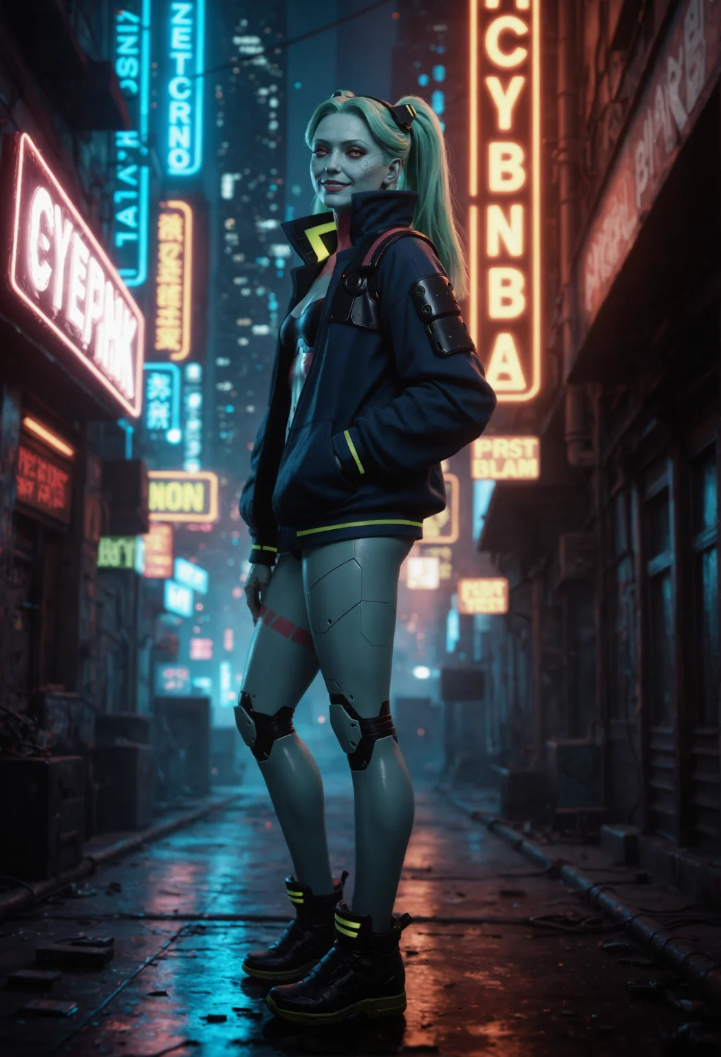 ,((rebecca \(cyberpunk\))), from side, looking at viewer, cyberpunk, cityscape, smirk, wink, Art8st, prosthetic arm, full body, neon lights, neon lighting, cinematic,,realistic, photorealistic, best quality ,,,,