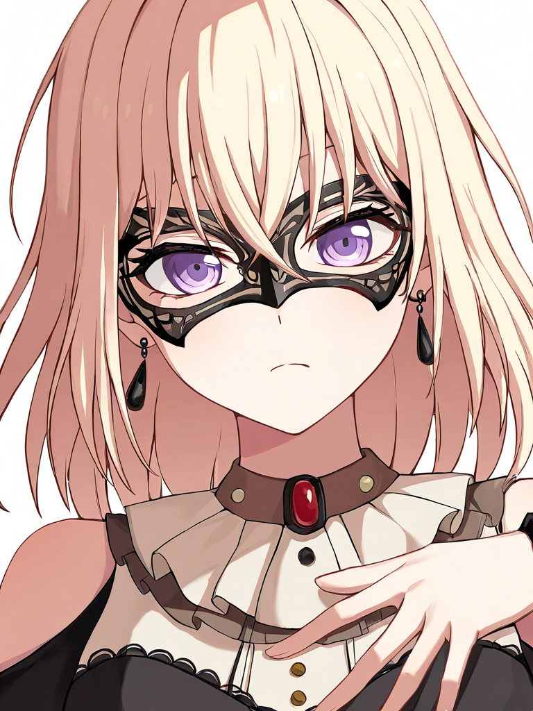 black_dress, upper_body, misumi_uika, frown, closed_mouth, domino_mask, solo, black_mask, doloris_\(bang_dream!\), hand_on_own_chest, looking_at_viewer, 1girl, shoulder_cutout, earrings, white_background, brown_corset, long_sleeves, white_ascot,white background,
masterpiece,best quality,amazing quality,very aesthetic,absurdres,<lora:misumi_uika_ill_sdxl:1>,