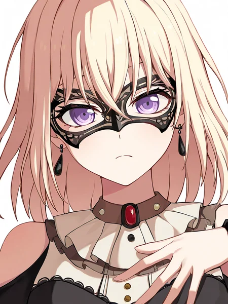 black_dress, upper_body, misumi_uika, frown, closed_mouth, domino_mask, solo, black_mask, doloris_\(bang_dream!\), hand_on_own_chest, looking_at_viewer, 1girl, shoulder_cutout, earrings, white_background, brown_corset, long_sleeves, white_ascot,white background,
masterpiece,best quality,amazing quality,very aesthetic,absurdres,<lora:misumi_uika_ill_sdxl:1>,
