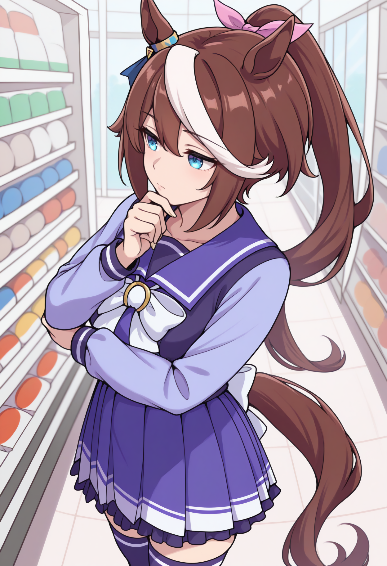 masterpiece, best quality, solo, 1girl, tktodef, horse tail, expressionless, looking away, standing, hand on own chin, hand on own elbow, shopping, long hair, streaked hair, brown hair, white hair, hair between eyes, high ponytail, hair ribbon, pink ribbon, animal ears, blue eyes, tracen school uniform, winter uniform, purple shirt, purple sailor collar, white bowtie, horseshoe ornament, long sleeves, purple skirt, pleated skirt, purple thighhighs, indoors, convenience store
<segment:yolo-Anzhc Face seg 640 v2 y8n.pt,0.4,0.5//cid=1>