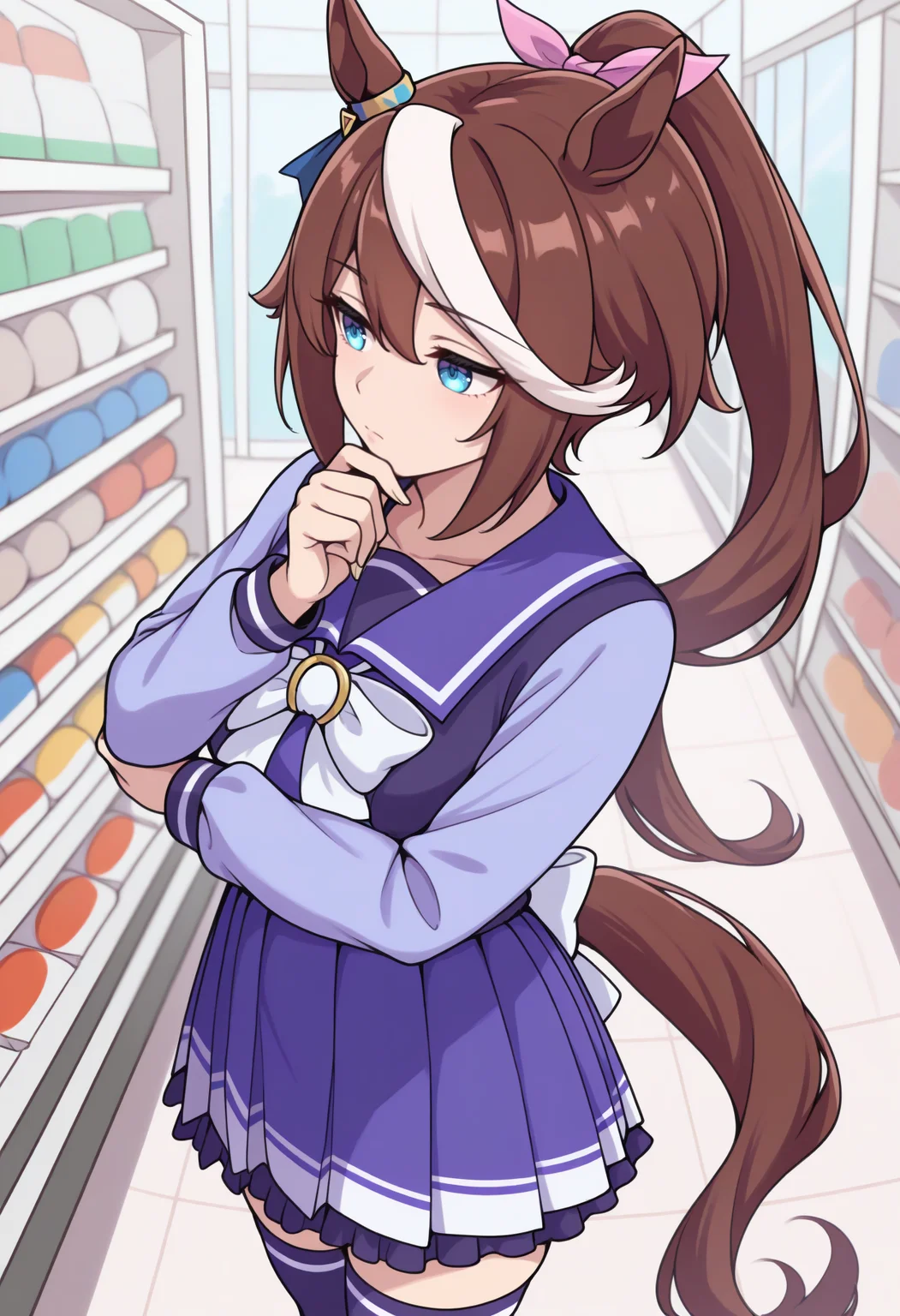 masterpiece, best quality, solo, 1girl, tktodef, horse tail, expressionless, looking away, standing, hand on own chin, hand on own elbow, shopping, long hair, streaked hair, brown hair, white hair, hair between eyes, high ponytail, hair ribbon, pink ribbon, animal ears, blue eyes, tracen school uniform, winter uniform, purple shirt, purple sailor collar, white bowtie, horseshoe ornament, long sleeves, purple skirt, pleated skirt, purple thighhighs, indoors, convenience store
<segment:yolo-Anzhc Face seg 640 v2 y8n.pt,0.4,0.5//cid=1>