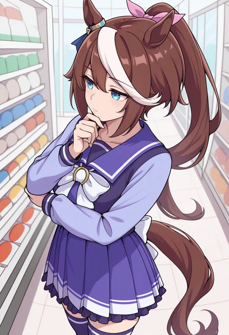 masterpiece, best quality, solo, 1girl, tktodef, horse tail, expressionless, looking away, standing, hand on own chin, hand on own elbow, shopping, long hair, streaked hair, brown hair, white hair, hair between eyes, high ponytail, hair ribbon, pink ribbon, animal ears, blue eyes, tracen school uniform, winter uniform, purple shirt, purple sailor collar, white bowtie, horseshoe ornament, long sleeves, purple skirt, pleated skirt, purple thighhighs, indoors, convenience store
<segment:yolo-Anzhc Face seg 640 v2 y8n.pt,0.4,0.5//cid=1>