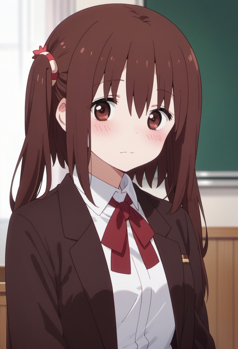 score_9, score_8_up, score_7_up, source_anime, nana ebina, cherry-brown hair, twintails, long hair, cherry-brown eyes, long hair, 1girl, solo, blush, school uniform, looking at viewer, anime coloring, closed mouth