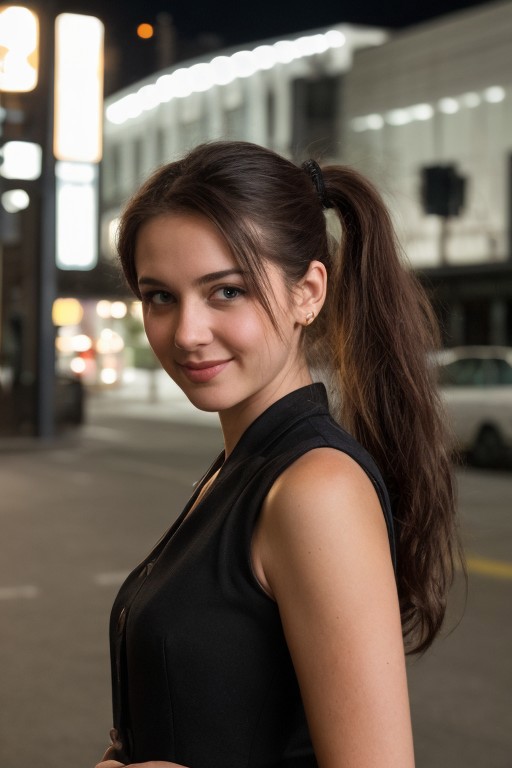 30yo American woman wearing bussiness suit holding a cigarrete
Dark black smooth long hair ponytail. smiling.
Looking at camera.
Dynamic varying pose.
Outside bussiness. Night time,  
Night time, dark.