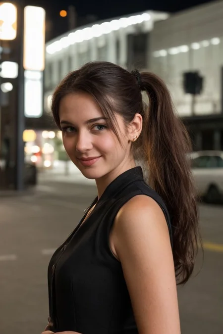 30yo American woman wearing bussiness suit holding a cigarrete
Dark black smooth long hair ponytail. smiling.
Looking at camera.
Dynamic varying pose.
Outside bussiness. Night time,
Night time, dark.