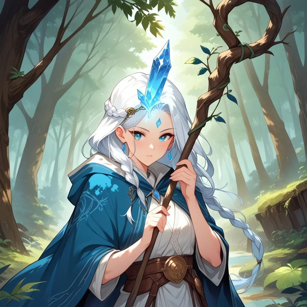 score_9, score_8_up, score_7_up, score_6_up, 1girl (,1girl,animal hands a misty forest, long white hair with intricate braids and leaves woven in, , subtle blue rune on forehead, wearing earthy green and brown robes made of natural materials, leather accents and bark-like armor pieces, flowing cloak of woven vines and leaves, holding a gnarled wooden staff topped with a glowing blue crystal, wisps of natural magic swirling around, forest animals nearby, dappled sunlight through trees, atmospheric, cinematic, 8k resolution,FeliciaSDXL